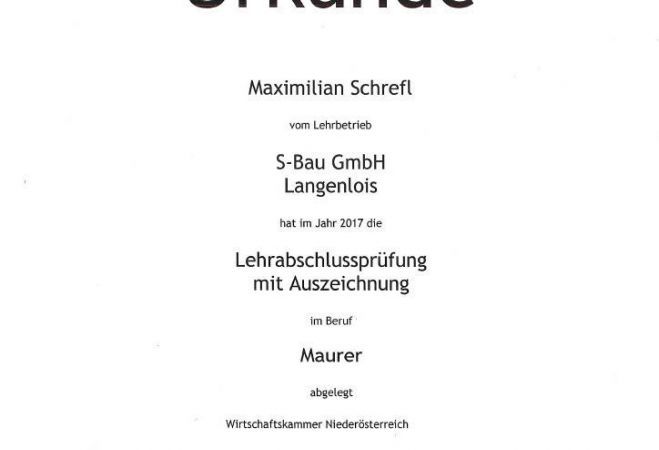 Urkunde Lehrabschlussprüfung mit Auszeichnung im Beruf Maurer